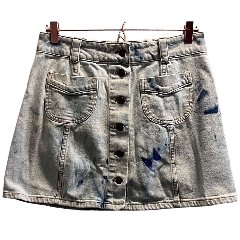 Madewell Size 8 Stretch Denim Mini Skirt Front Pockets Buttons Down Bleached